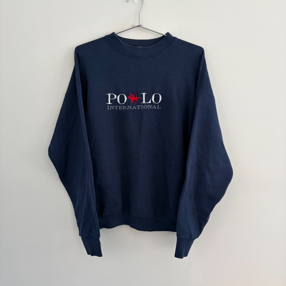 Vintage Polo International Crewneck Sweatshirt Navy Blue Large Fruit of the Loom